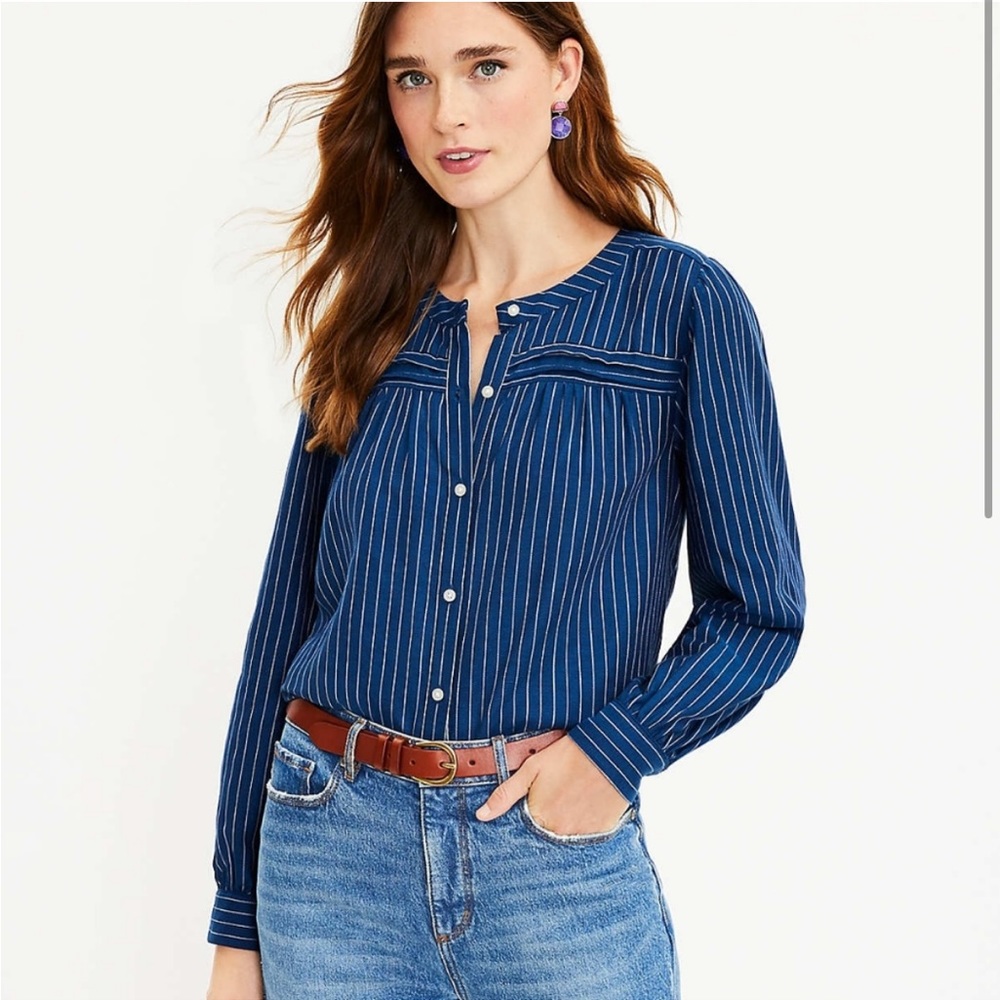Loft, XXL, Striped Pleated Blouse - Seaside Blue
